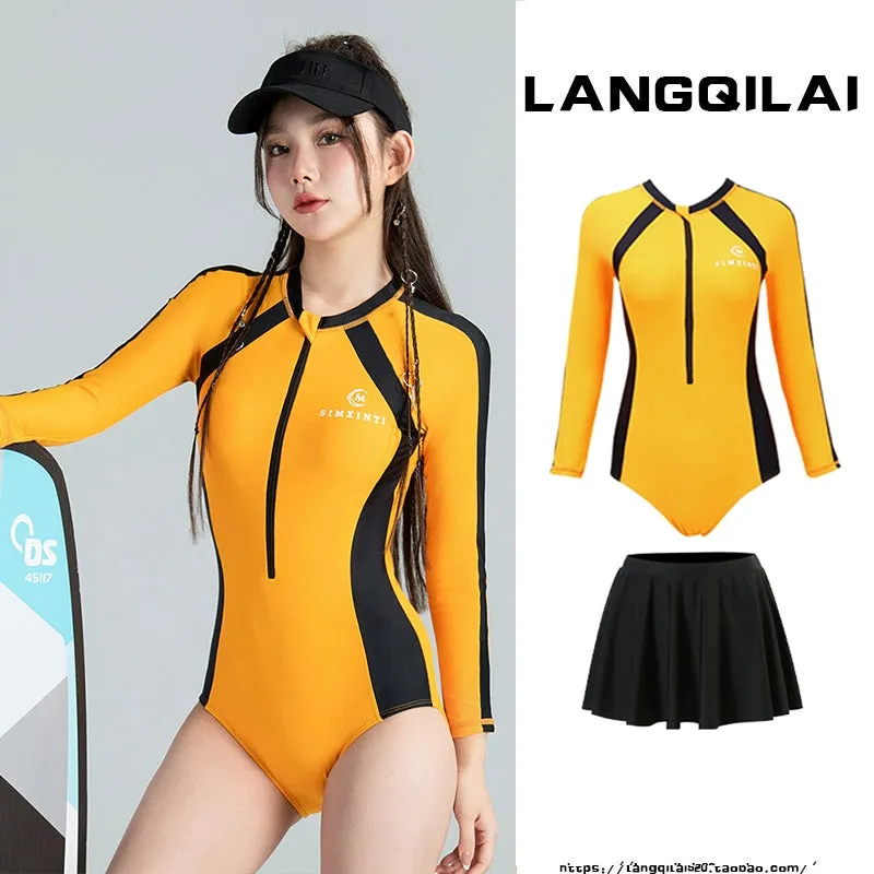 New Diving Suit Women's One-Piece Slim Looking Long Sleeves Snorkeling Surfing Dive Skin Student Conservative Sunscreen Hot Spring Bathing Suit