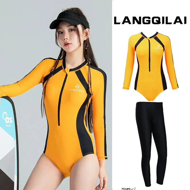 New Diving Suit Women's One-Piece Slim Looking Long Sleeves Snorkeling Surfing Dive Skin Student Conservative Sunscreen Hot Spring Bathing Suit
