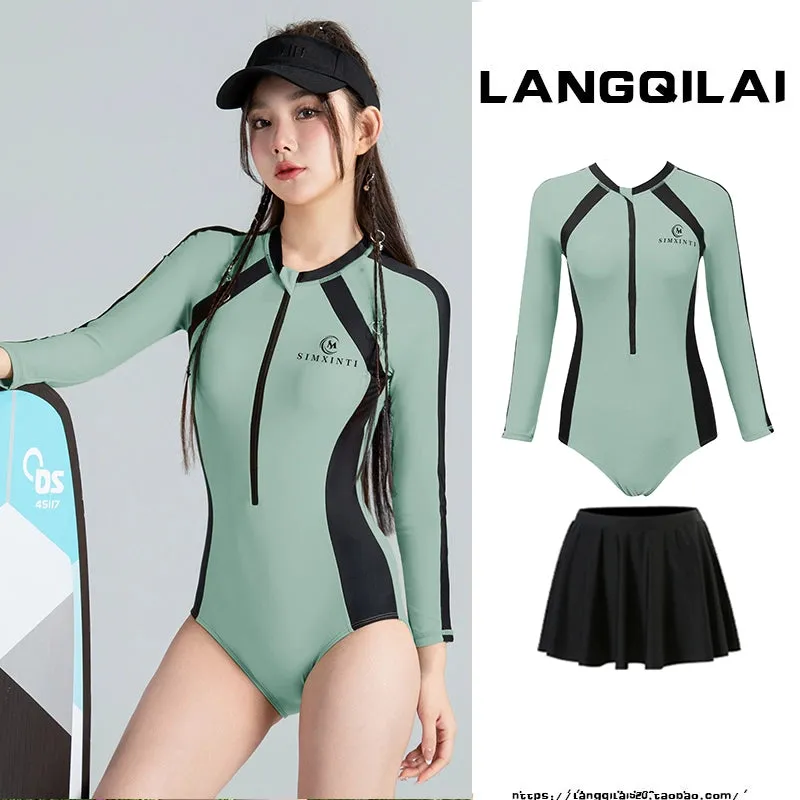 New Diving Suit Women's One-Piece Slim Looking Long Sleeves Snorkeling Surfing Dive Skin Student Conservative Sunscreen Hot Spring Bathing Suit