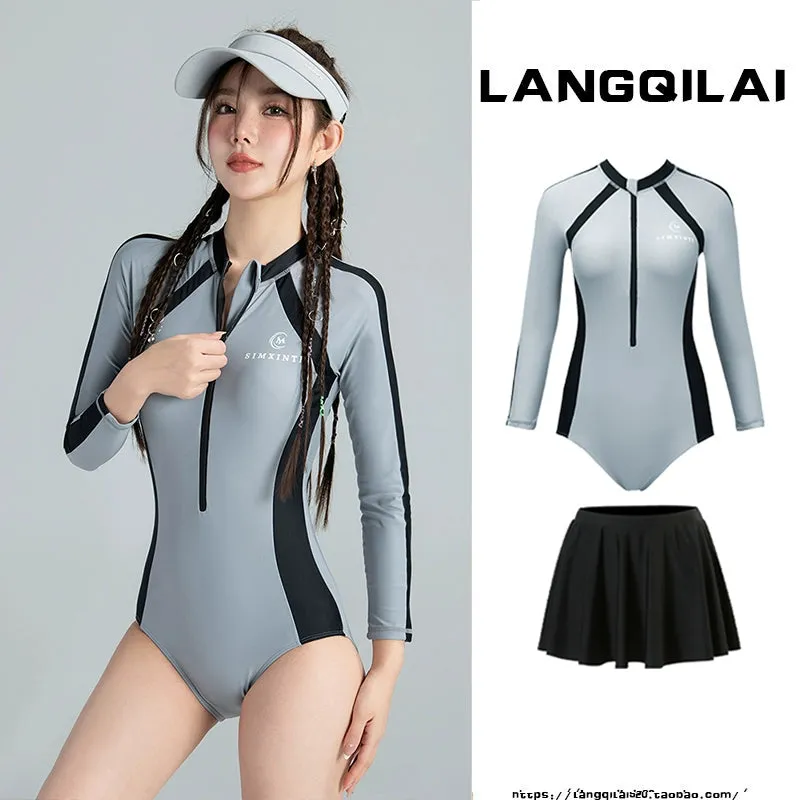 New Diving Suit Women's One-Piece Slim Looking Long Sleeves Snorkeling Surfing Dive Skin Student Conservative Sunscreen Hot Spring Bathing Suit