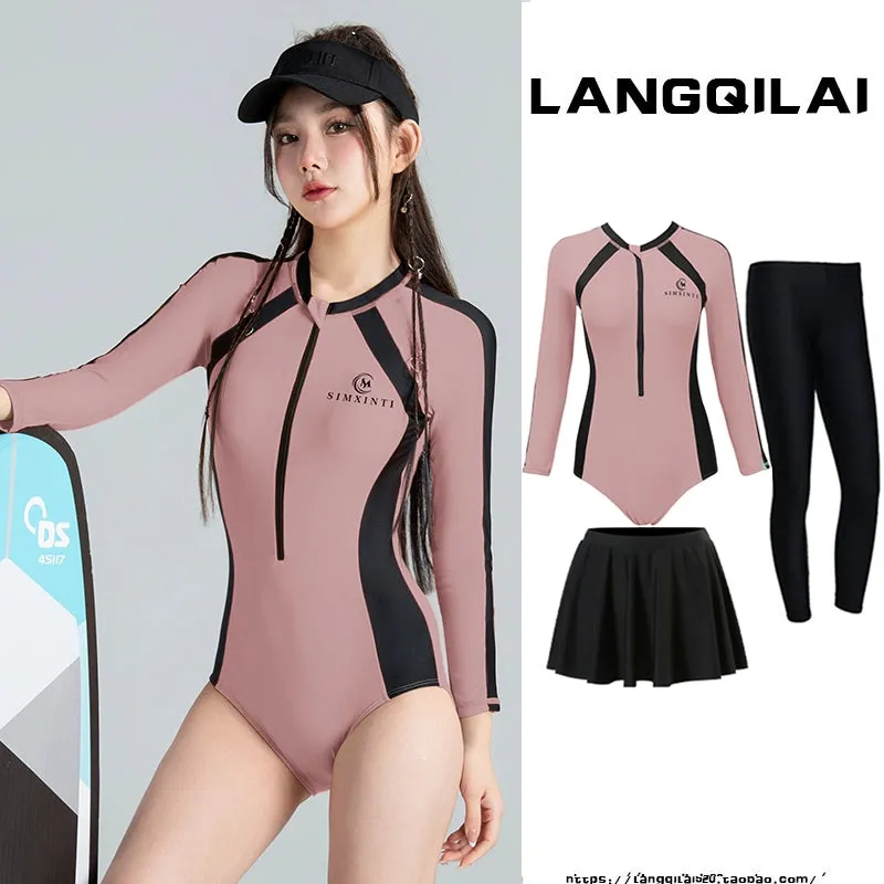 New Diving Suit Women's One-Piece Slim Looking Long Sleeves Snorkeling Surfing Dive Skin Student Conservative Sunscreen Hot Spring Bathing Suit