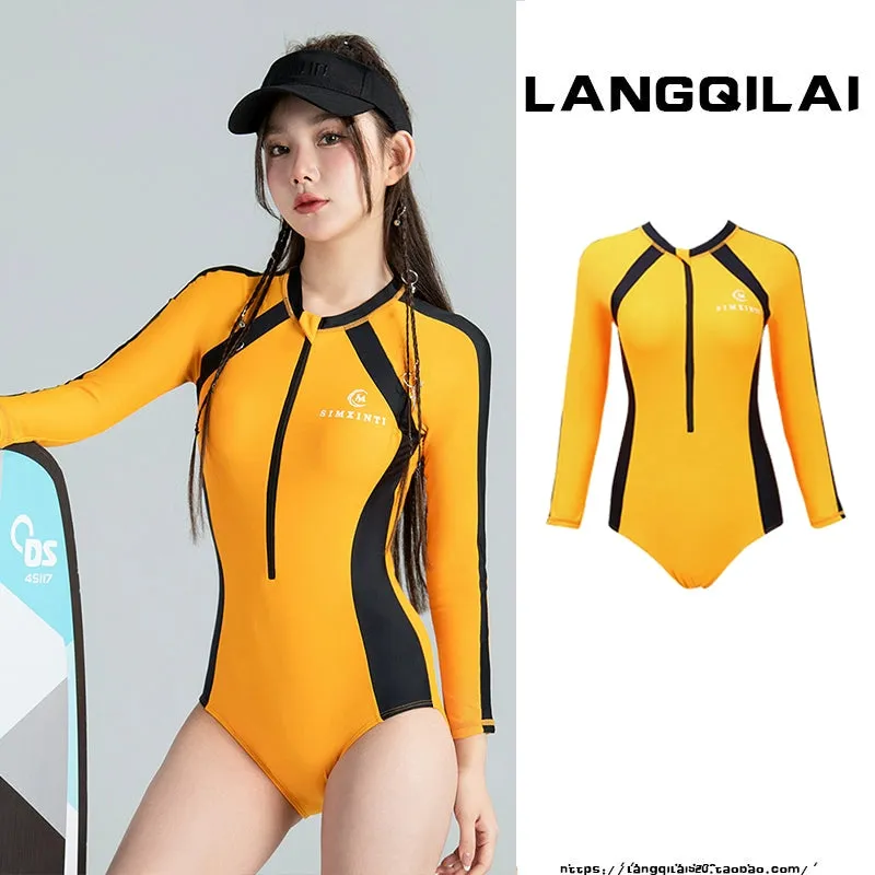 New Diving Suit Women's One-Piece Slim Looking Long Sleeves Snorkeling Surfing Dive Skin Student Conservative Sunscreen Hot Spring Bathing Suit