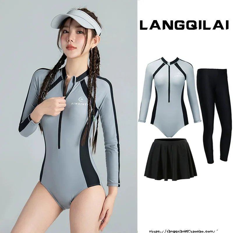 New Diving Suit Women's One-Piece Slim Looking Long Sleeves Snorkeling Surfing Dive Skin Student Conservative Sunscreen Hot Spring Bathing Suit