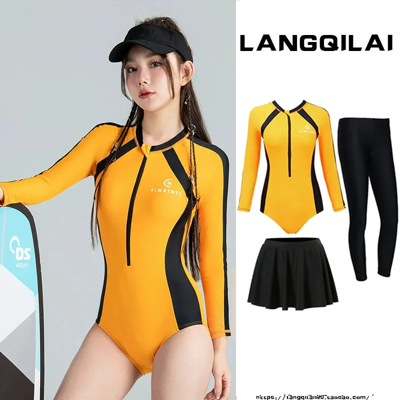 New Diving Suit Women's One-Piece Slim Looking Long Sleeves Snorkeling Surfing Dive Skin Student Conservative Sunscreen Hot Spring Bathing Suit