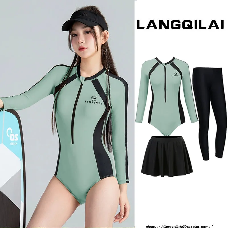 New Diving Suit Women's One-Piece Slim Looking Long Sleeves Snorkeling Surfing Dive Skin Student Conservative Sunscreen Hot Spring Bathing Suit
