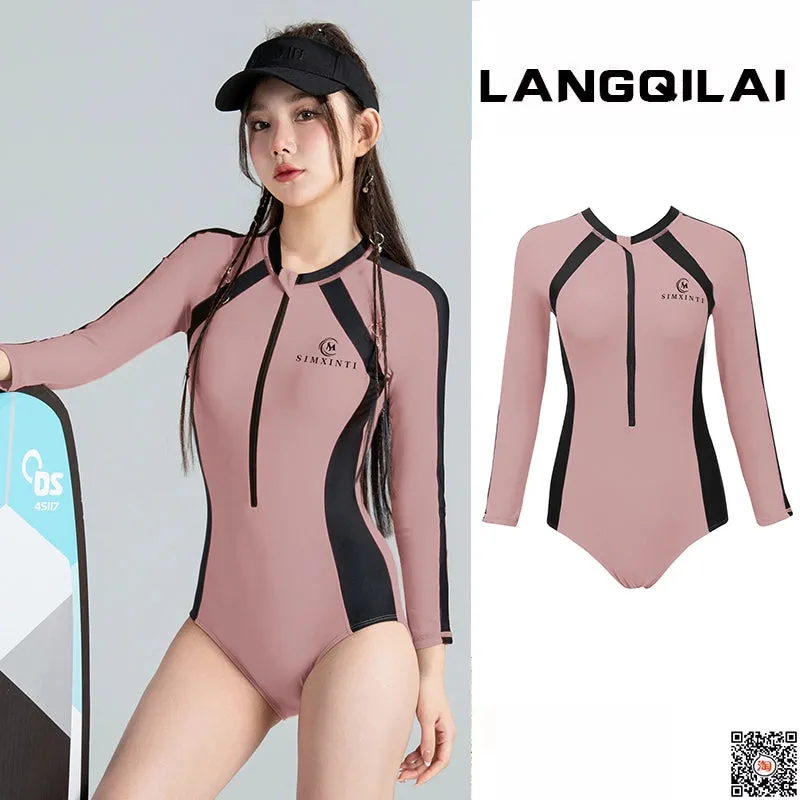 New Diving Suit Women's One-Piece Slim Looking Long Sleeves Snorkeling Surfing Dive Skin Student Conservative Sunscreen Hot Spring Bathing Suit