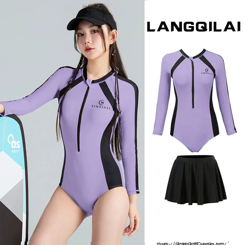 New Diving Suit Women's One-Piece Slim Looking Long Sleeves Snorkeling Surfing Dive Skin Student Conservative Sunscreen Hot Spring Bathing Suit