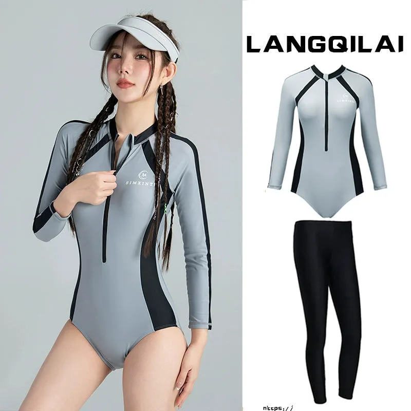 New Diving Suit Women's One-Piece Slim Looking Long Sleeves Snorkeling Surfing Dive Skin Student Conservative Sunscreen Hot Spring Bathing Suit
