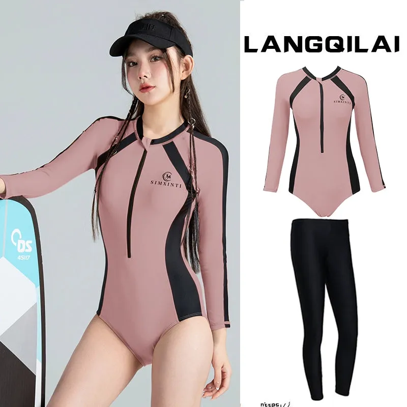 New Diving Suit Women's One-Piece Slim Looking Long Sleeves Snorkeling Surfing Dive Skin Student Conservative Sunscreen Hot Spring Bathing Suit