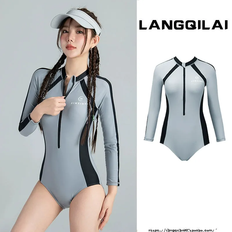 New Diving Suit Women's One-Piece Slim Looking Long Sleeves Snorkeling Surfing Dive Skin Student Conservative Sunscreen Hot Spring Bathing Suit