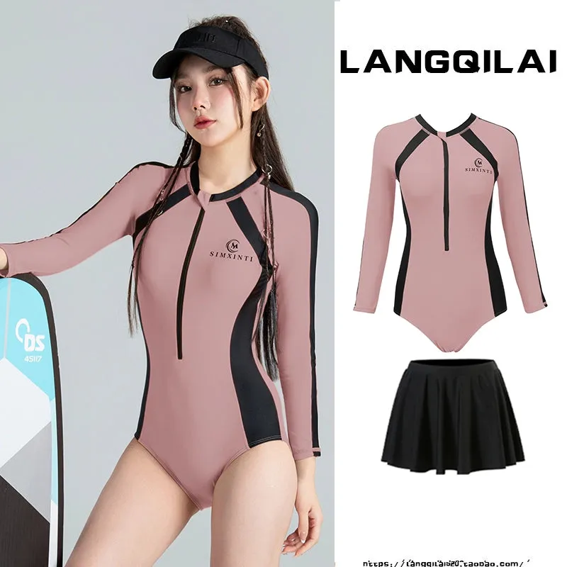 New Diving Suit Women's One-Piece Slim Looking Long Sleeves Snorkeling Surfing Dive Skin Student Conservative Sunscreen Hot Spring Bathing Suit