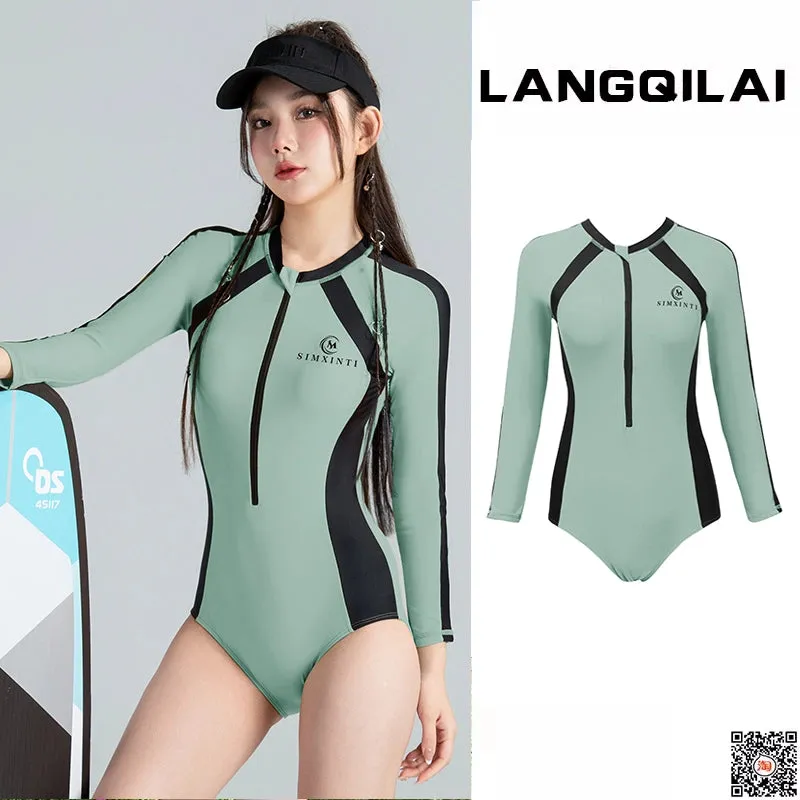 New Diving Suit Women's One-Piece Slim Looking Long Sleeves Snorkeling Surfing Dive Skin Student Conservative Sunscreen Hot Spring Bathing Suit