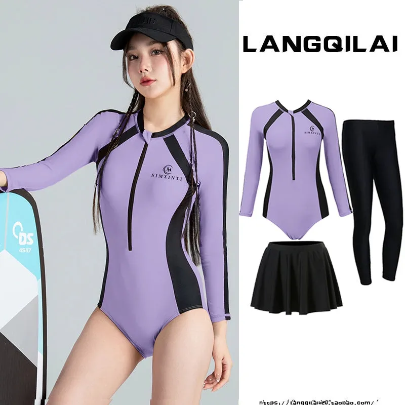New Diving Suit Women's One-Piece Slim Looking Long Sleeves Snorkeling Surfing Dive Skin Student Conservative Sunscreen Hot Spring Bathing Suit