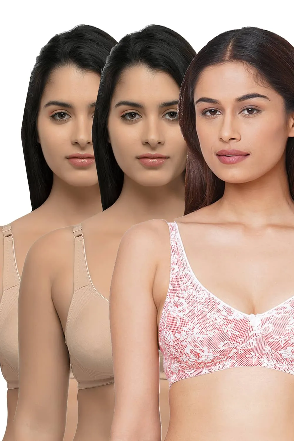 Organic Cotton  Antimicrobial  Seamless Side Support Bra (Pack of 3)-ISB057-Skin_Skin_Pink Lace Print-