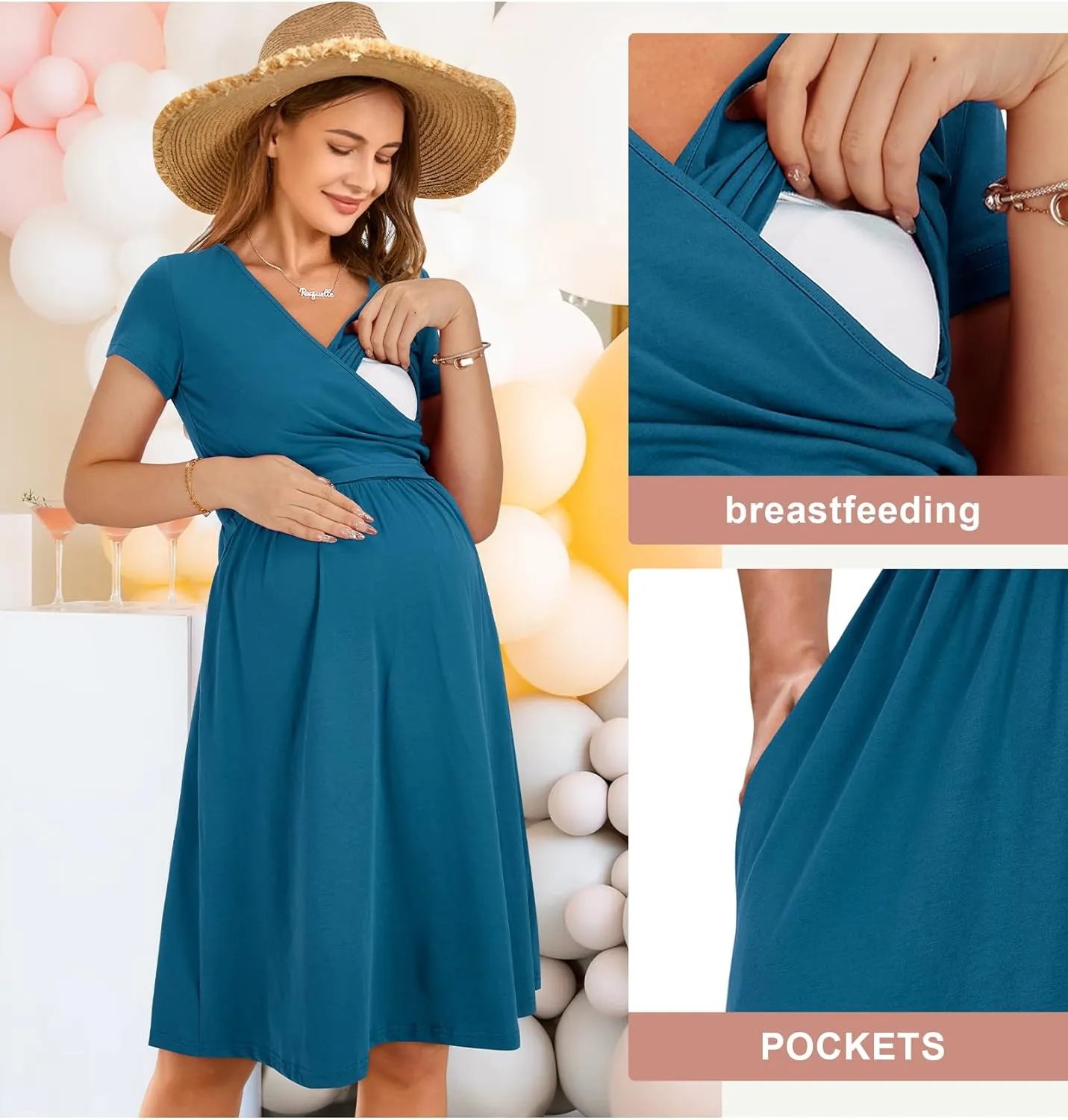 OUGES Women's 2025 Fashion V Neck Midi Dress with Pockets Maternity Clothes Nursing Dresses