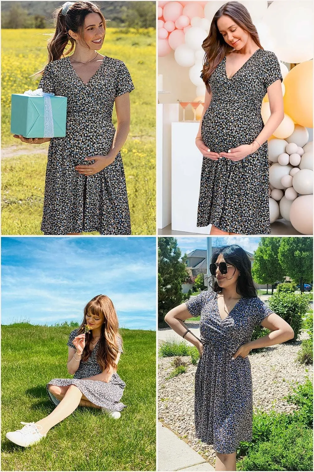 OUGES Women's 2025 Fashion V Neck Midi Dress with Pockets Maternity Clothes Nursing Dresses