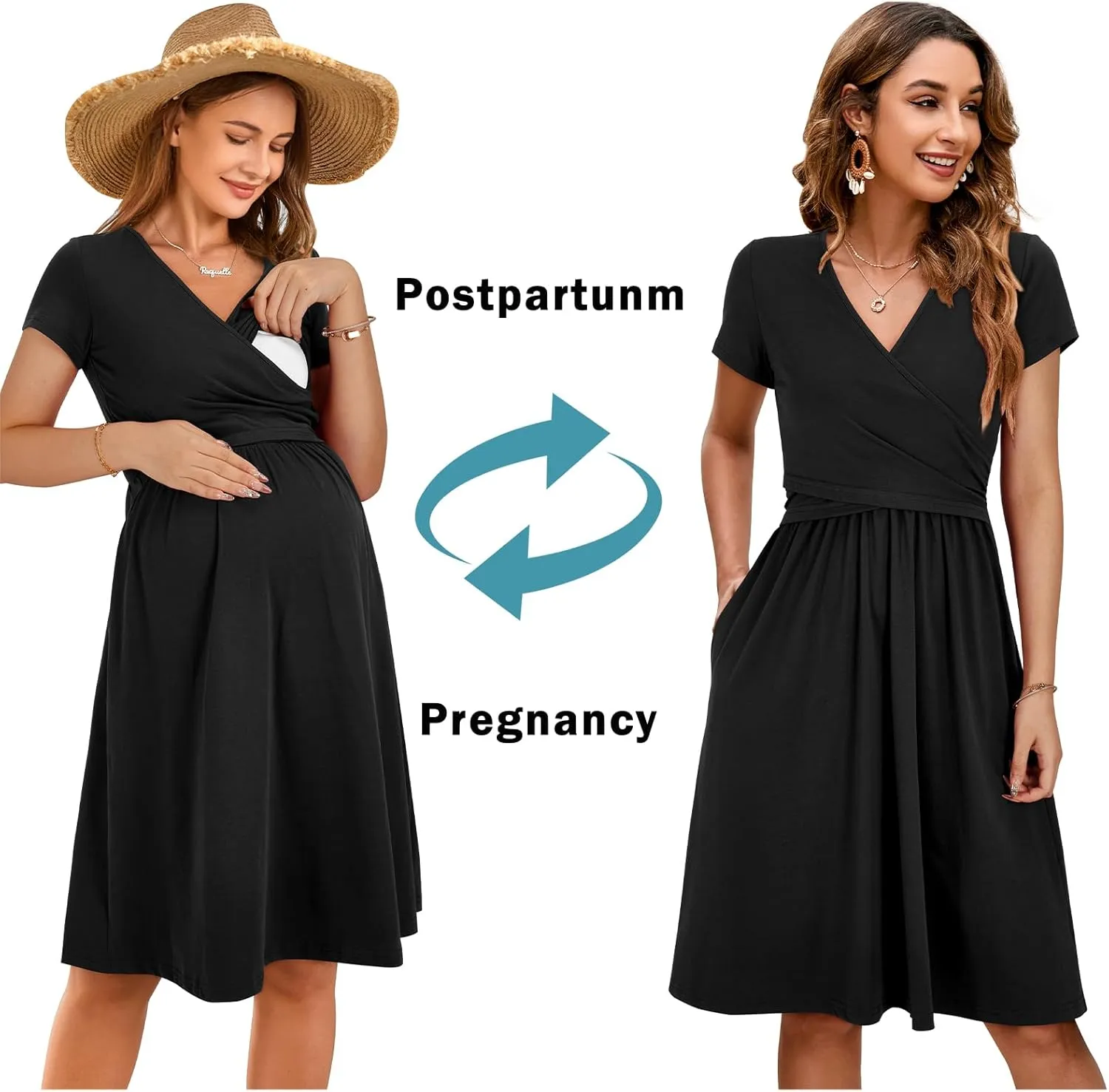 OUGES Women's 2025 Fashion V Neck Midi Dress with Pockets Maternity Clothes Nursing Dresses