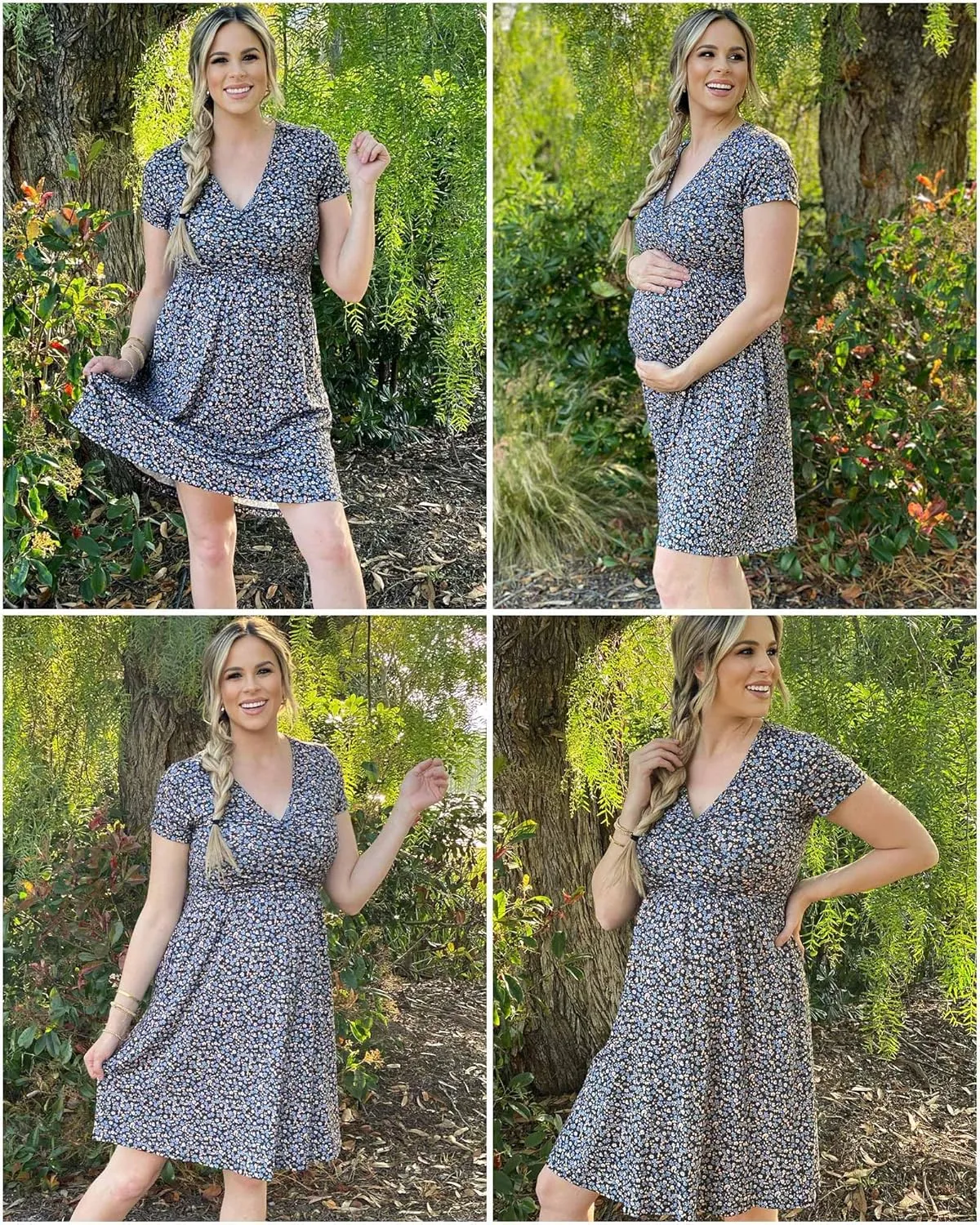 OUGES Women's 2025 Fashion V Neck Midi Dress with Pockets Maternity Clothes Nursing Dresses