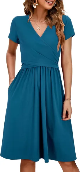 OUGES Women's 2025 Fashion V Neck Midi Dress with Pockets Maternity Clothes Nursing Dresses