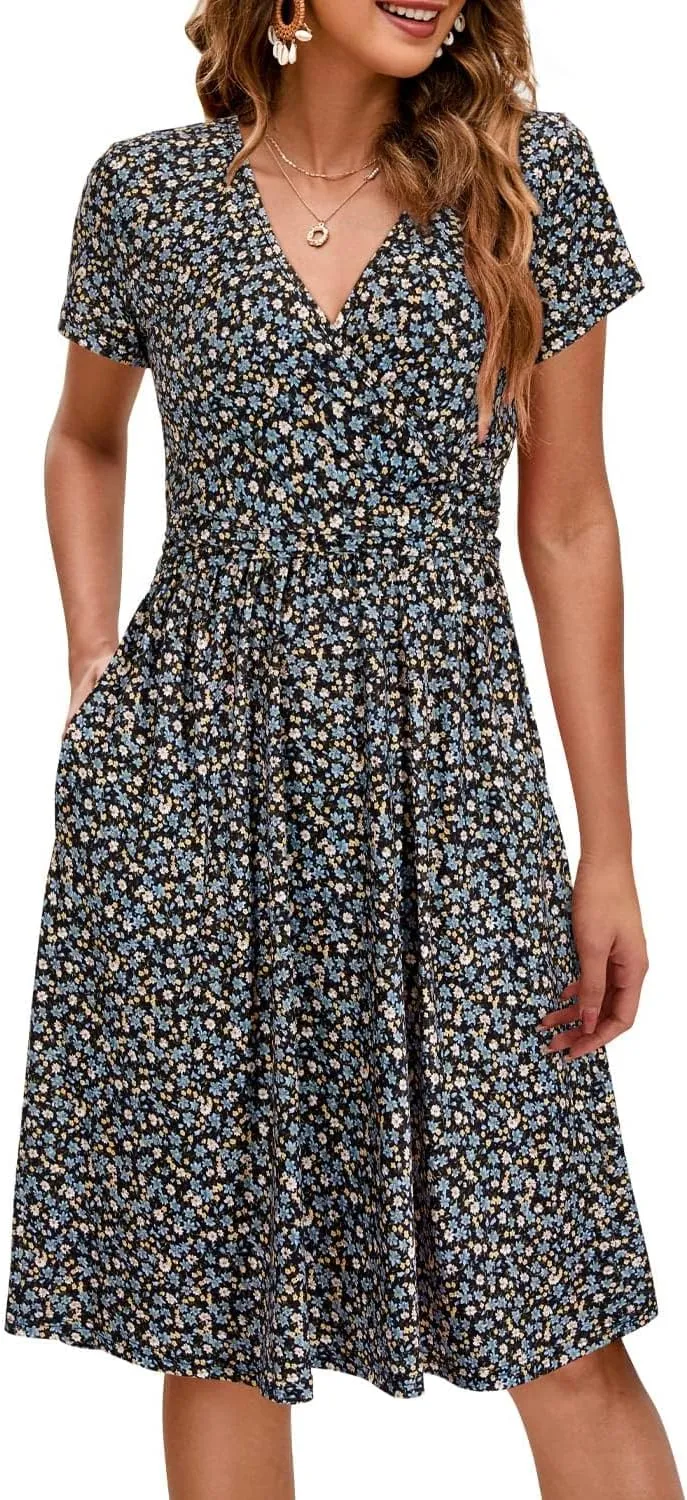 OUGES Women's 2025 Fashion V Neck Midi Dress with Pockets Maternity Clothes Nursing Dresses