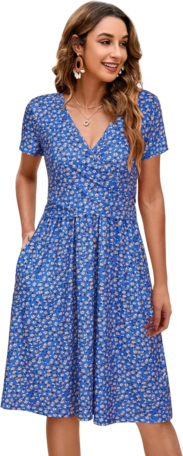 OUGES Women's 2025 Fashion V Neck Midi Dress with Pockets Maternity Clothes Nursing Dresses