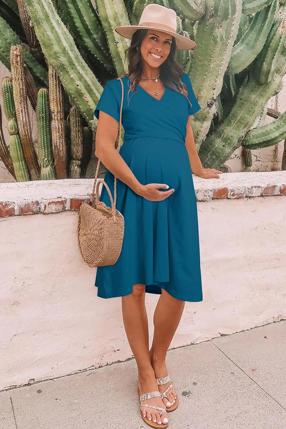 OUGES Women's 2025 Fashion V Neck Midi Dress with Pockets Maternity Clothes Nursing Dresses