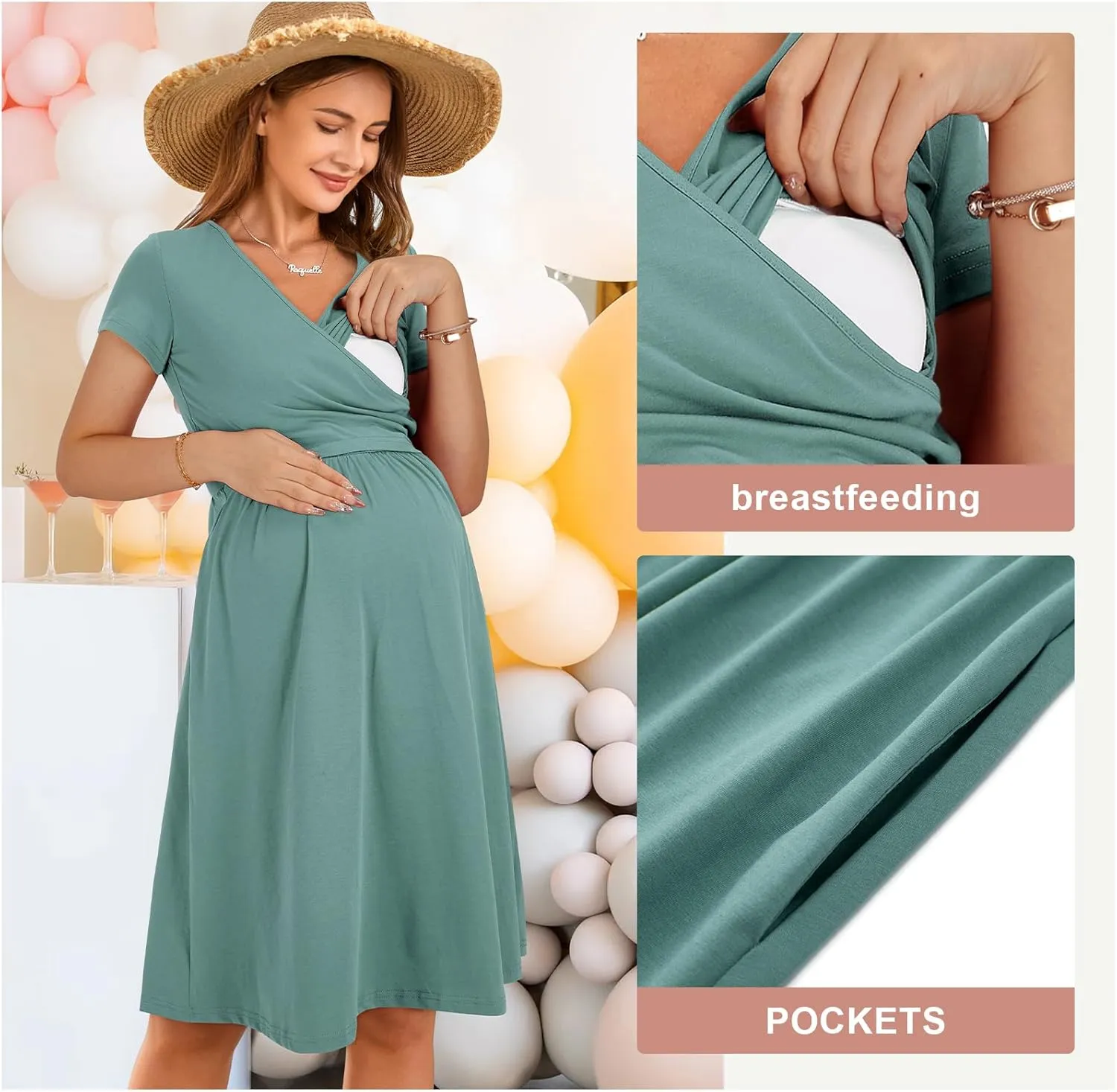 OUGES Women's 2025 Fashion V Neck Midi Dress with Pockets Maternity Clothes Nursing Dresses