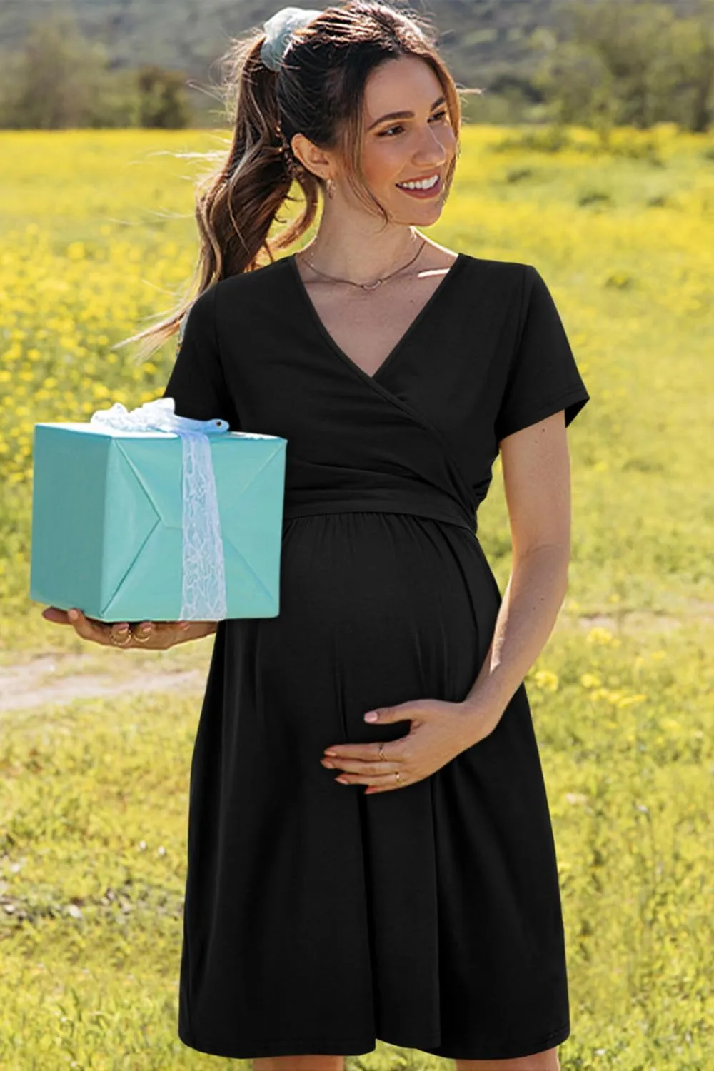 OUGES Women's 2025 Fashion V Neck Midi Dress with Pockets Maternity Clothes Nursing Dresses