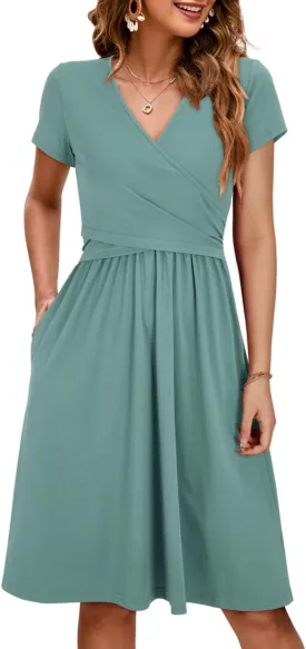 OUGES Women's 2025 Fashion V Neck Midi Dress with Pockets Maternity Clothes Nursing Dresses