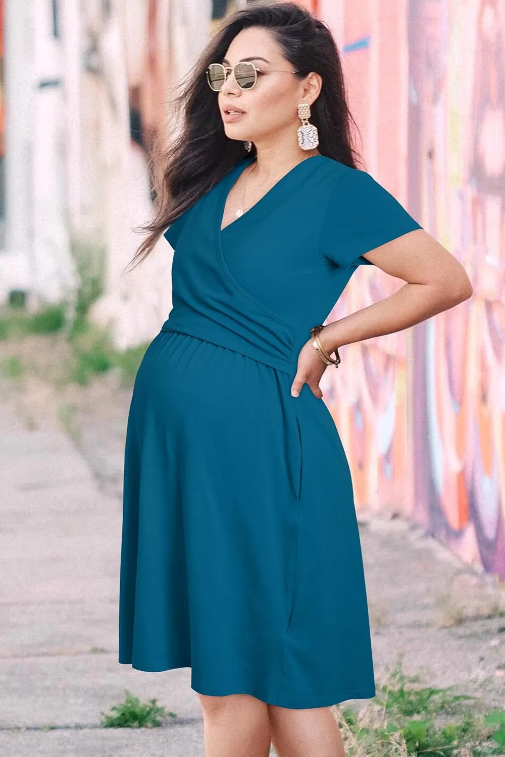 OUGES Women's 2025 Fashion V Neck Midi Dress with Pockets Maternity Clothes Nursing Dresses