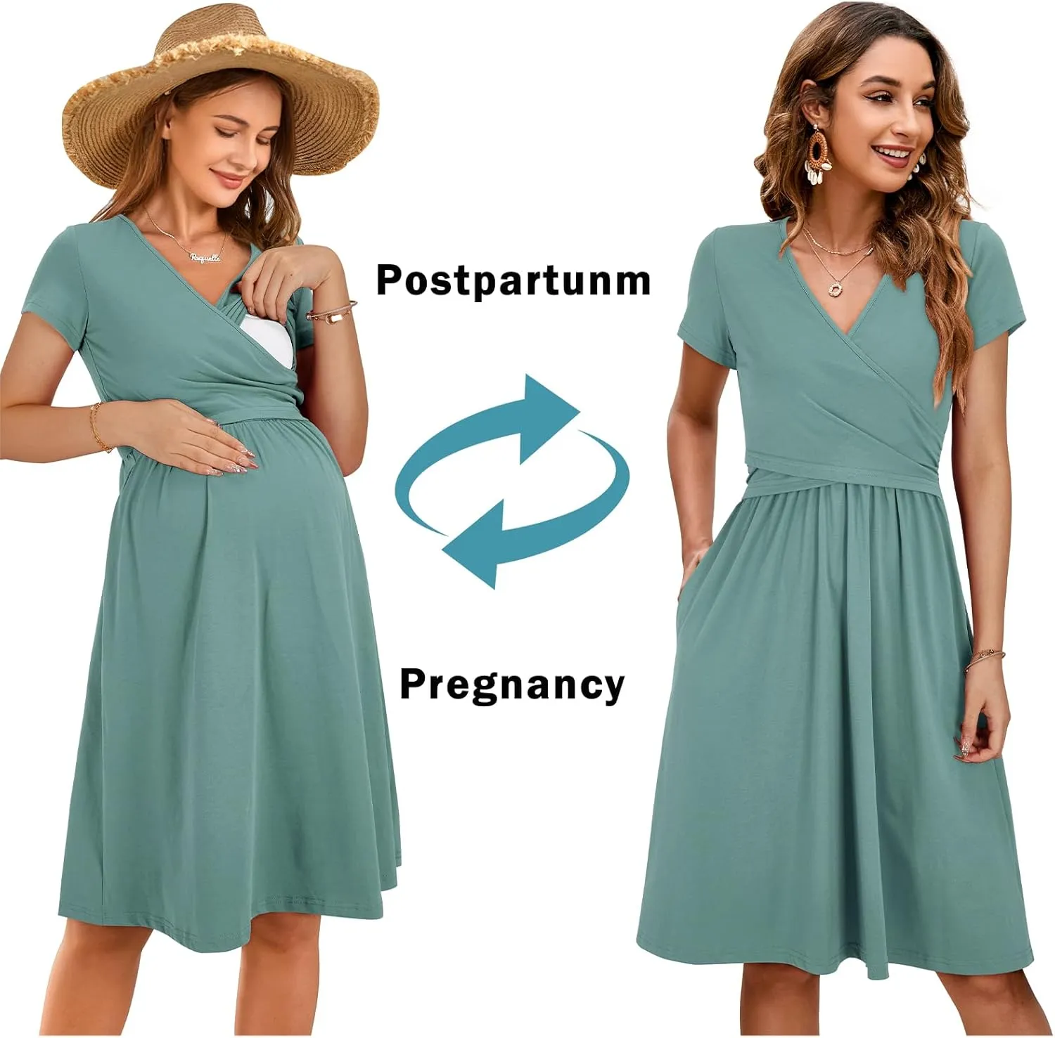 OUGES Women's 2025 Fashion V Neck Midi Dress with Pockets Maternity Clothes Nursing Dresses