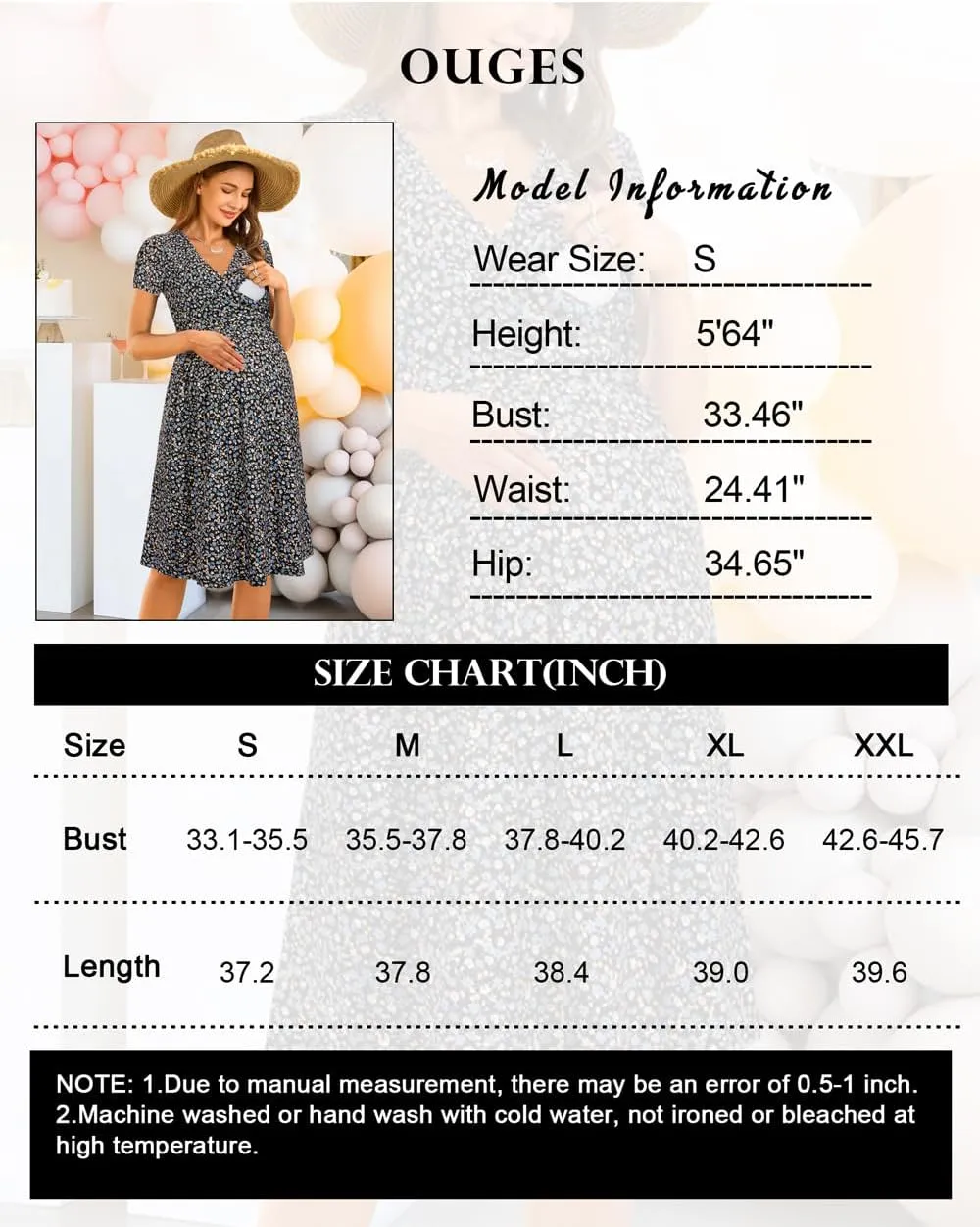 OUGES Women's 2025 Fashion V Neck Midi Dress with Pockets Maternity Clothes Nursing Dresses