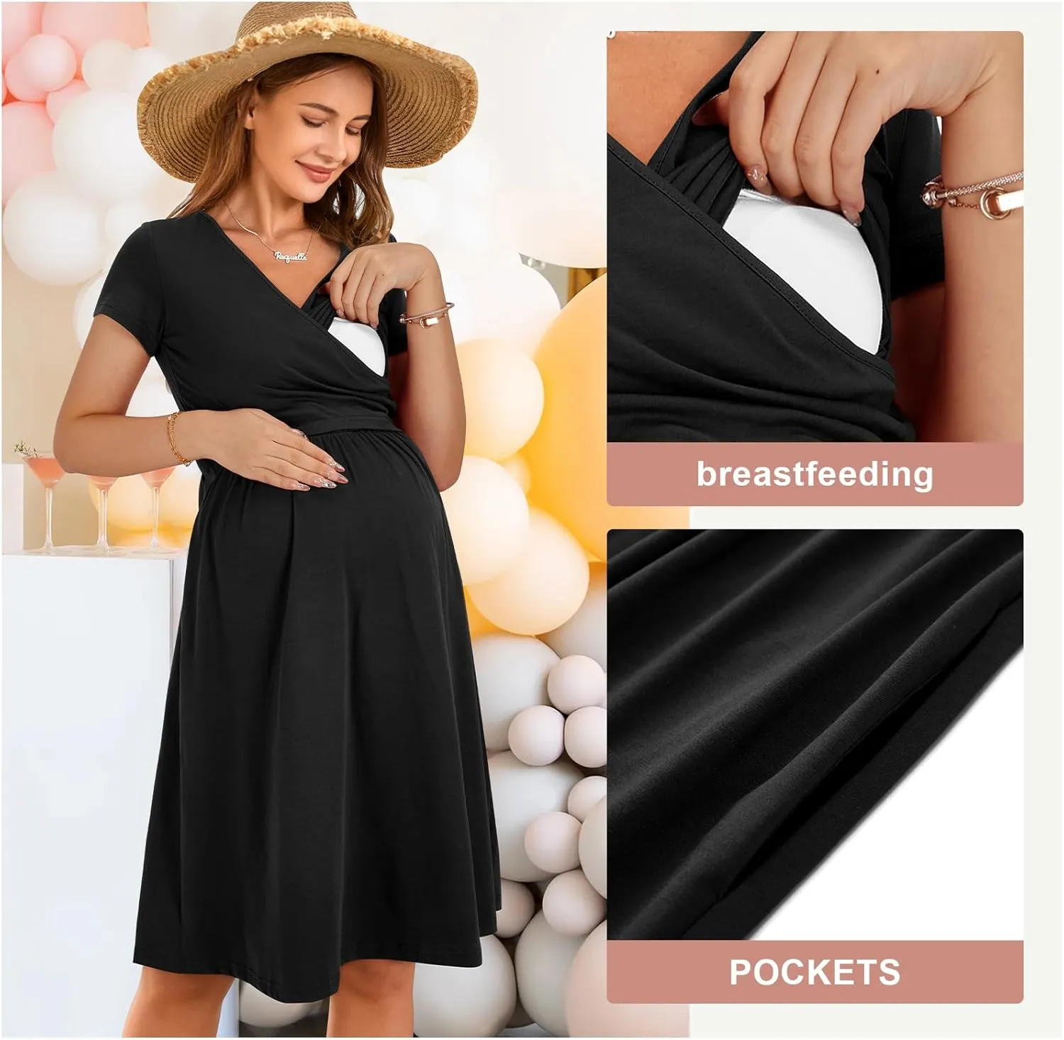 OUGES Women's 2025 Fashion V Neck Midi Dress with Pockets Maternity Clothes Nursing Dresses