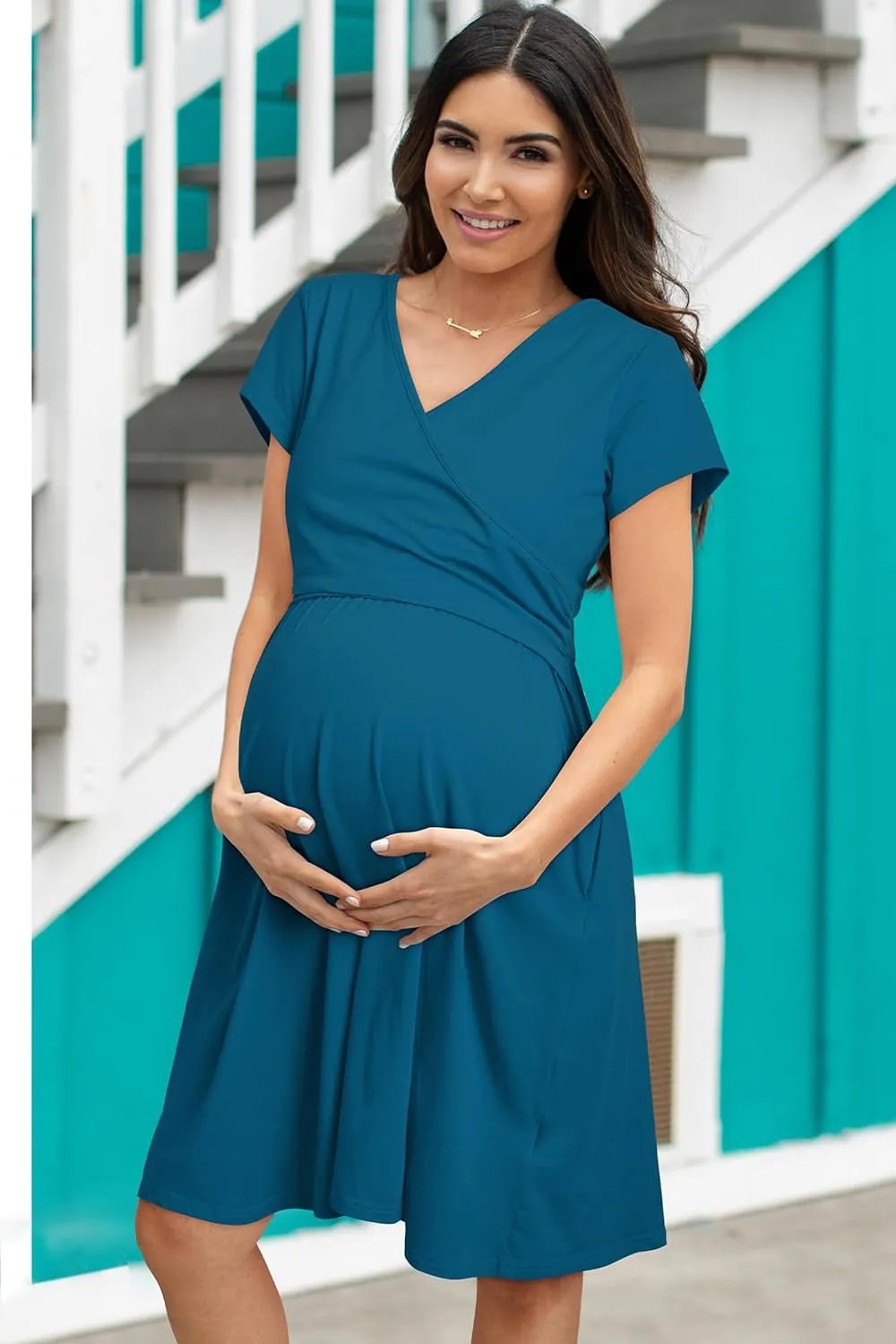 OUGES Women's 2025 Fashion V Neck Midi Dress with Pockets Maternity Clothes Nursing Dresses