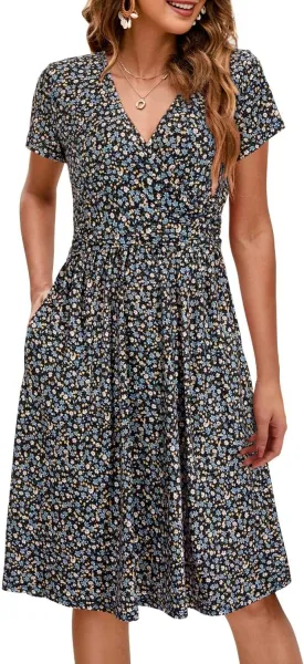OUGES Women's 2025 Fashion V Neck Midi Dress with Pockets Maternity Clothes Nursing Dresses
