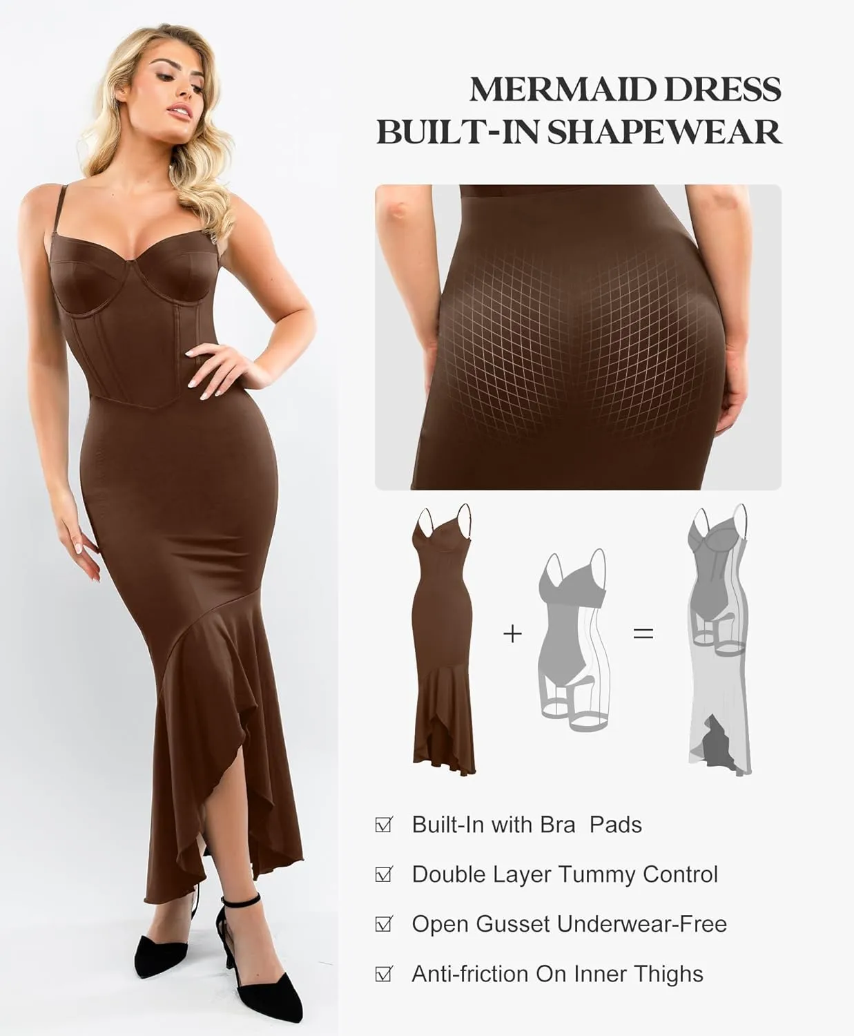 Popilush Corset Dress Built in Shapewear - Formal Dress for Women Deep V Neck Maxi Slip Bridesmaid Dresses for Wedding