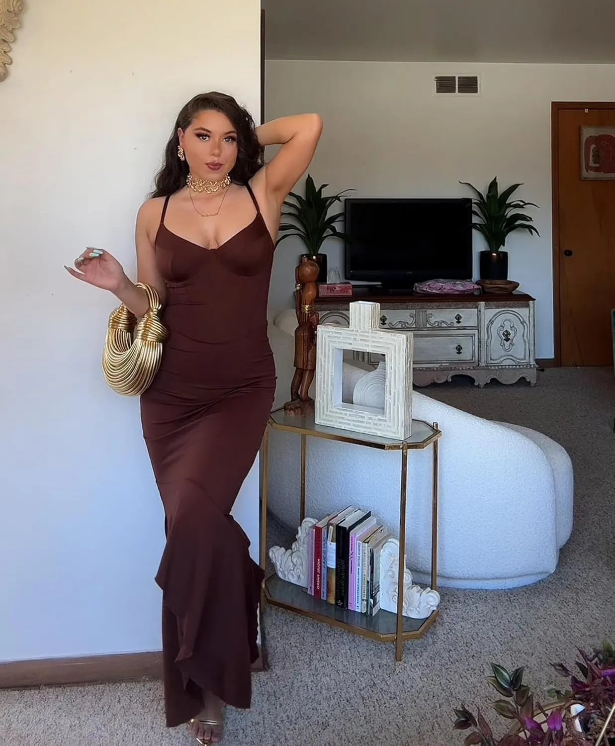 Popilush Corset Dress Built in Shapewear - Formal Dress for Women Deep V Neck Maxi Slip Bridesmaid Dresses for Wedding