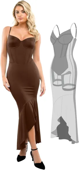 Popilush Corset Dress Built in Shapewear - Formal Dress for Women Deep V Neck Maxi Slip Bridesmaid Dresses for Wedding