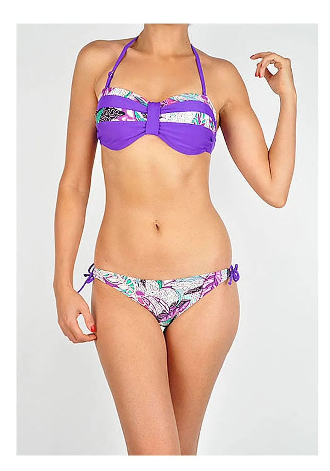 Purple Tropical Printed Halter Bandeau Mix-N-Match Bottoms Bikini Swimsuit