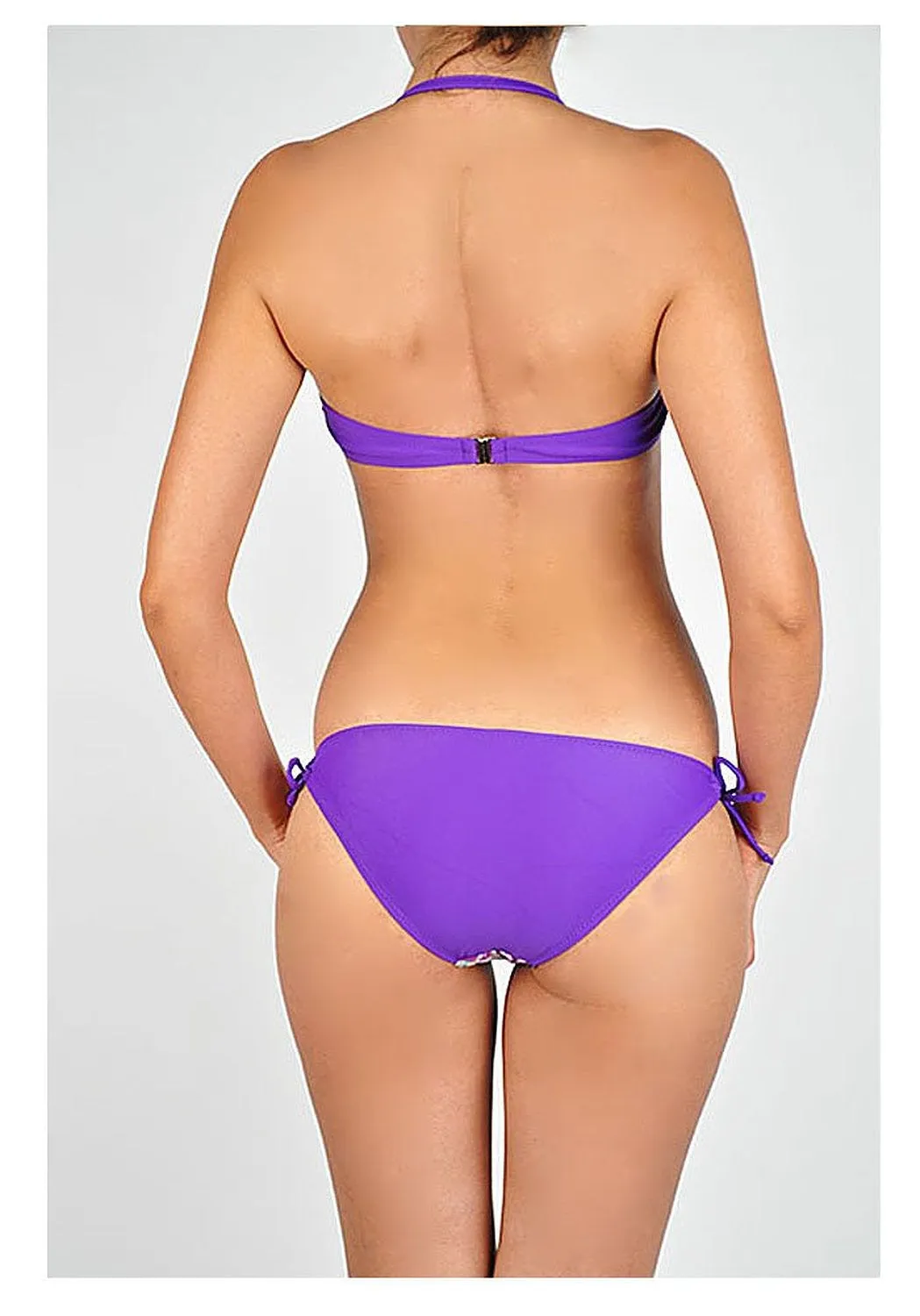 Purple Tropical Printed Halter Bandeau Mix-N-Match Bottoms Bikini Swimsuit