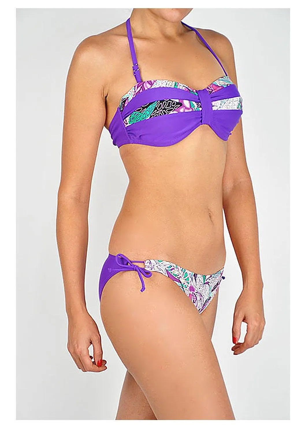 Purple Tropical Printed Halter Bandeau Mix-N-Match Bottoms Bikini Swimsuit