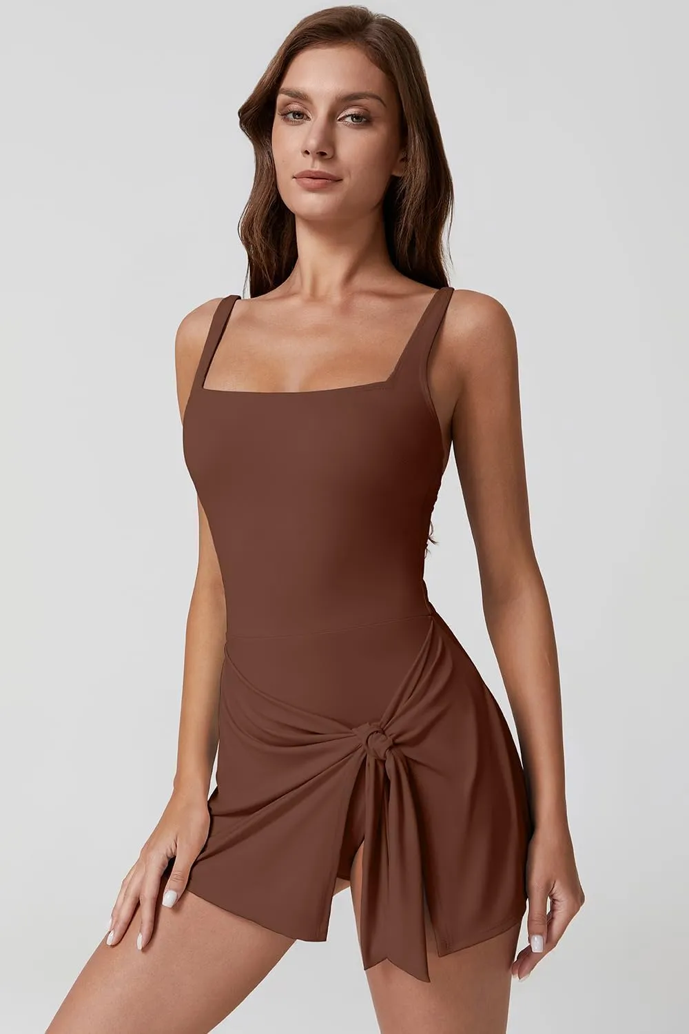 QINSEN Square Neck Swim Dress for Women Tummy Control One Piece Swimsuit Wrap Bathing Suit