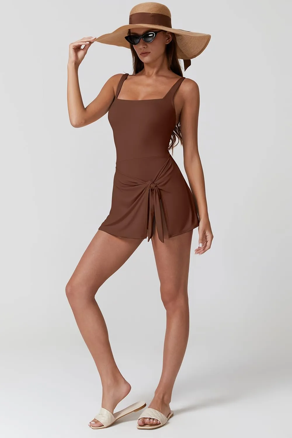QINSEN Square Neck Swim Dress for Women Tummy Control One Piece Swimsuit Wrap Bathing Suit