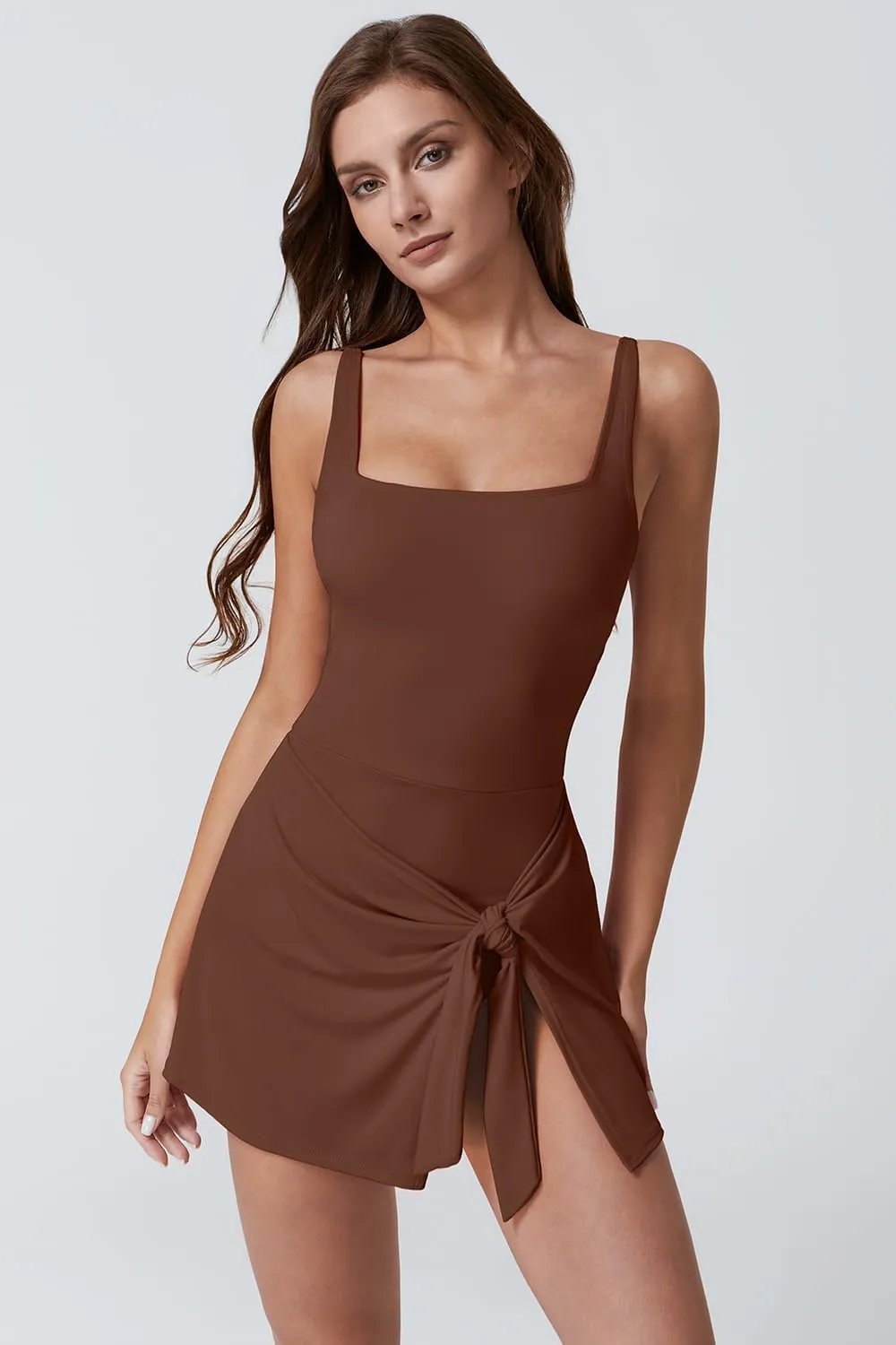 QINSEN Square Neck Swim Dress for Women Tummy Control One Piece Swimsuit Wrap Bathing Suit