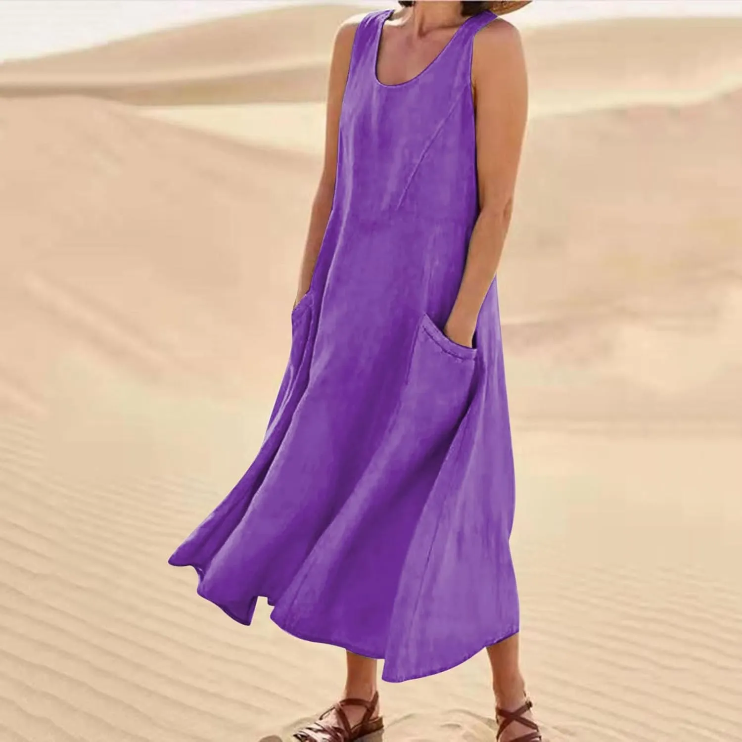 Summer Dresses for Women 2025 Spring Plus Size Linen Maxi Dress Sleeveless Crewneck Sundress Outfits Clothes