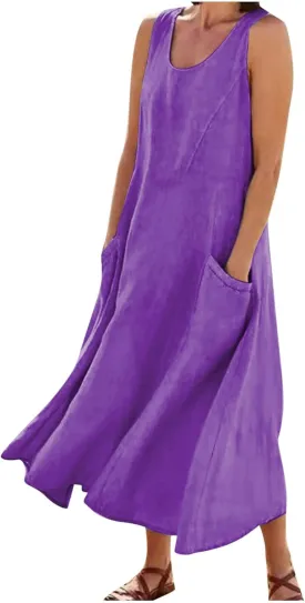 Summer Dresses for Women 2025 Spring Plus Size Linen Maxi Dress Sleeveless Crewneck Sundress Outfits Clothes