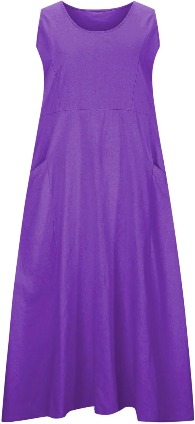 Summer Dresses for Women 2025 Spring Plus Size Linen Maxi Dress Sleeveless Crewneck Sundress Outfits Clothes