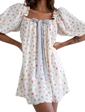 UAURORAO Women Puff Sleeve Shift Dress Y2k Square Neck Bow Tie Babydoll Short Dress Cute Ruffle Cottagecore Floral Sundress