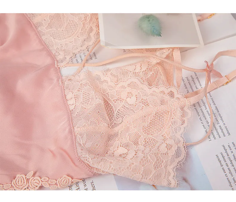 VenusFox Light Luxury Sexy Lingerie Sexy Lace Water Soluble Flower Lace Split Skirt Suspender Nightdress