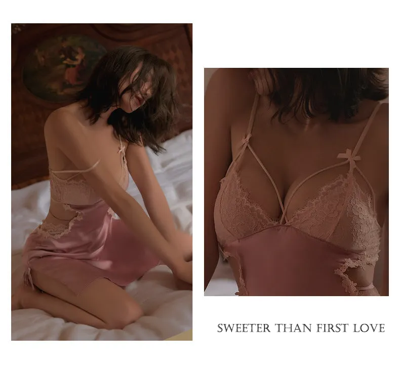 VenusFox Light Luxury Sexy Lingerie Sexy Lace Water Soluble Flower Lace Split Skirt Suspender Nightdress